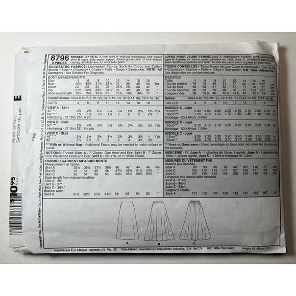 McCall's 8796 Misses Size 8 - 12 Bias Skirt 2 Hour Easy A-Line Skirt vn C.F. - Picture 3 of 3